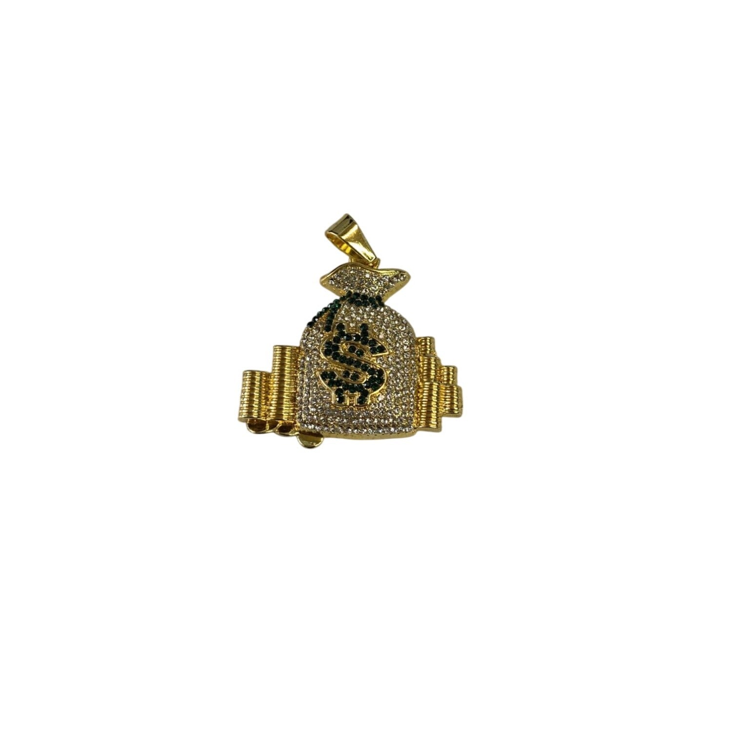 Hip Hop Money Bag Necklace Gold Tone With Green Jewels Pendant Rhinestomnes