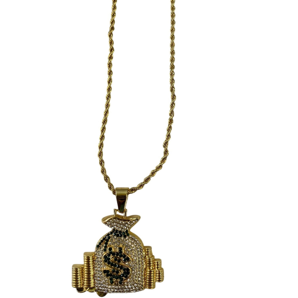 Hip Hop Money Bag Necklace Gold Tone With Green Jewels Pendant Rhinestomnes