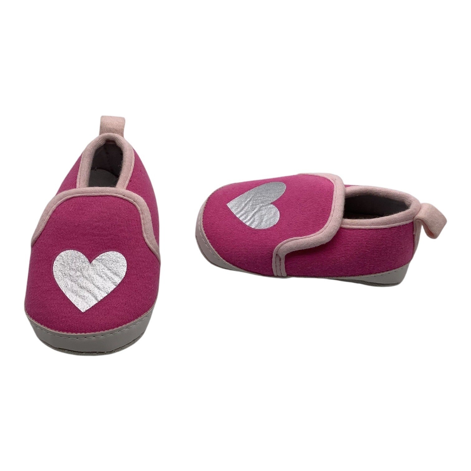 Bon Bebe Baby Girl Slippers Pink W/ Silver Heart 0-9 Months Soft Sole Slip On