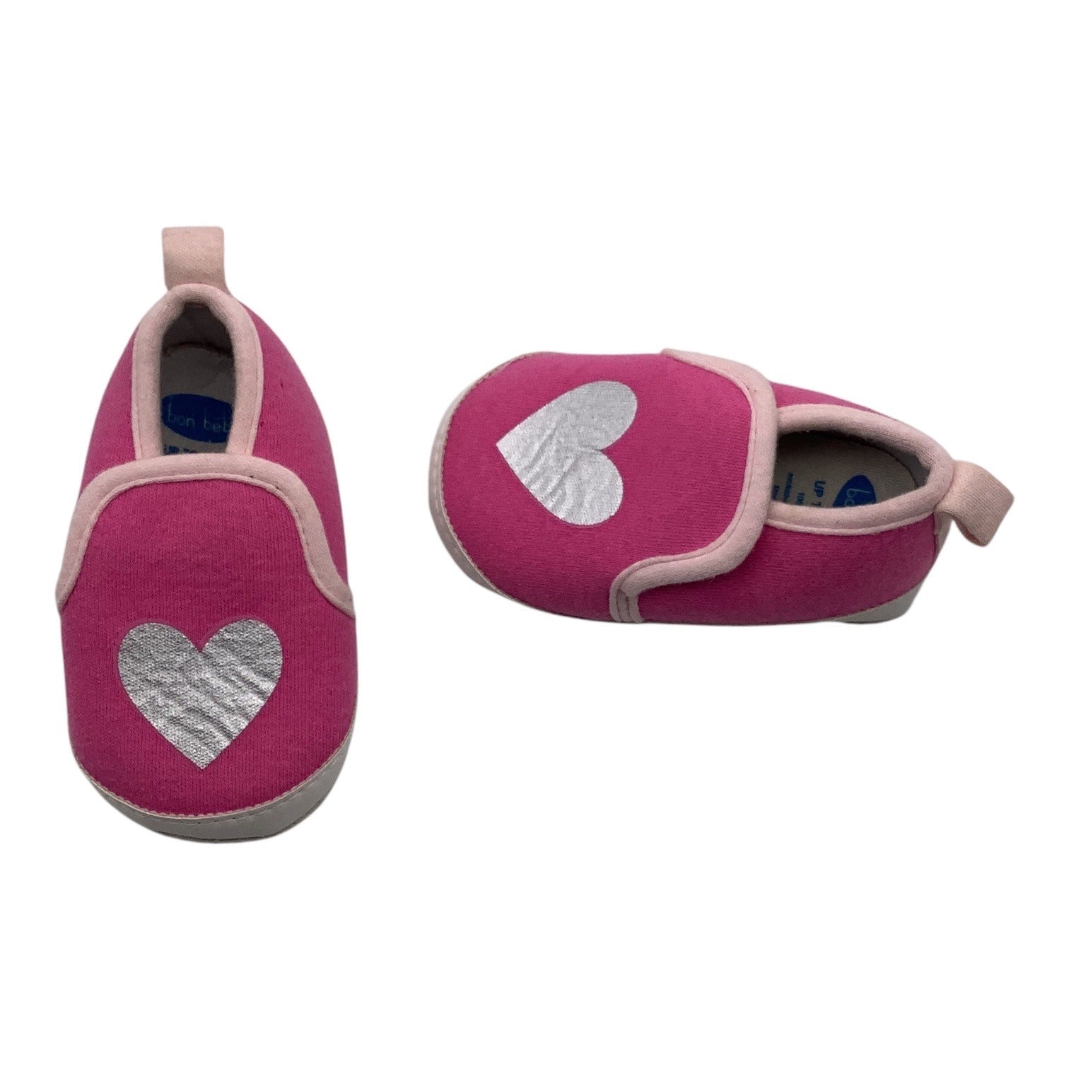 Bon Bebe Baby Girl Slippers Pink W/ Silver Heart 0-9 Months Soft Sole Slip On