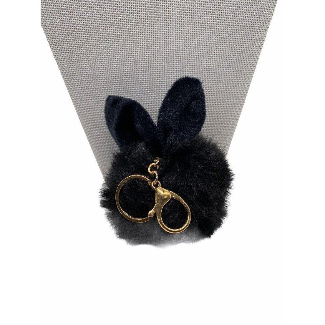 Black Bunny Ears Fur Ball Keychain Charm With Plush Key Holder