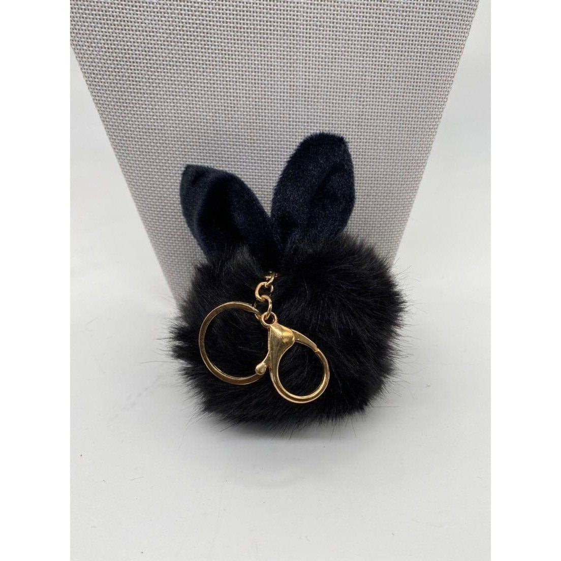 Black Bunny Ears Fur Ball Keychain Charm With Plush Key Holder