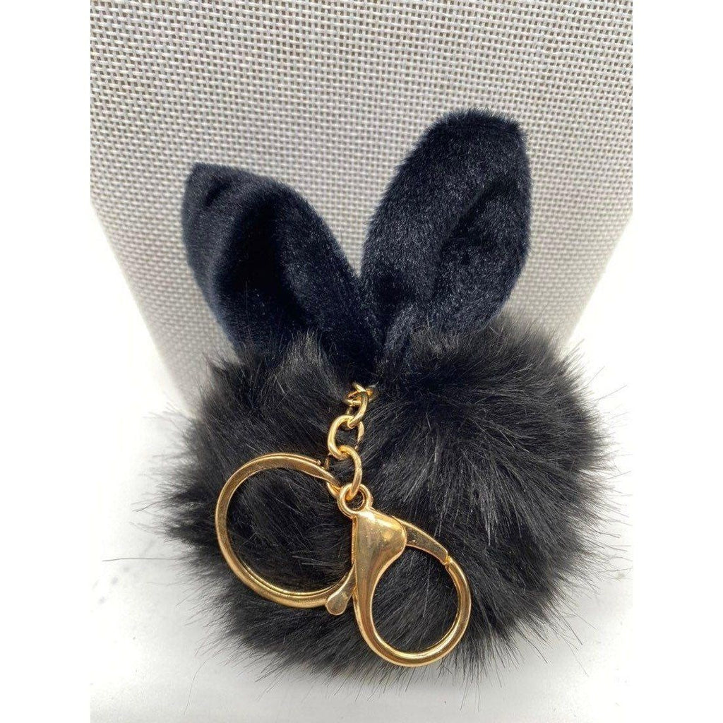 Black Bunny Ears Fur Ball Keychain Charm With Plush Key Holder