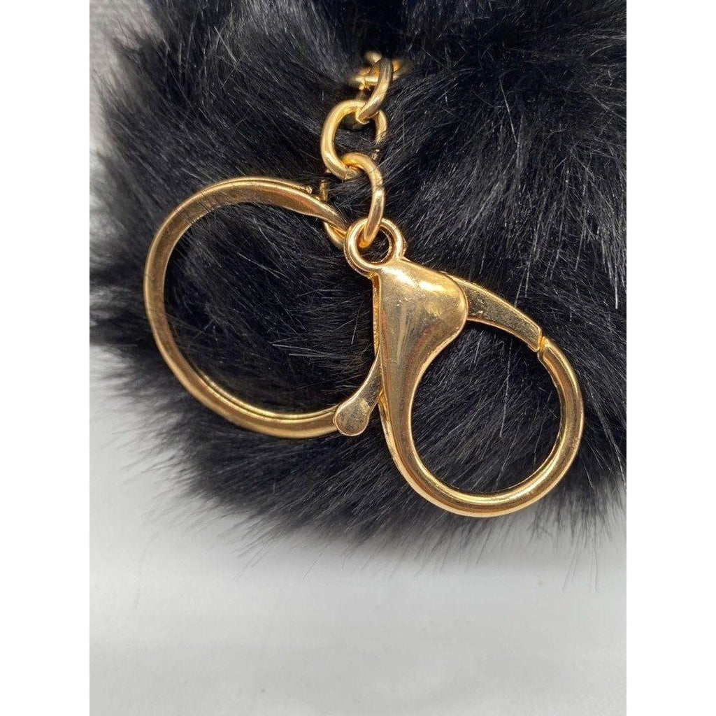 Black Bunny Ears Fur Ball Keychain Charm With Plush Key Holder