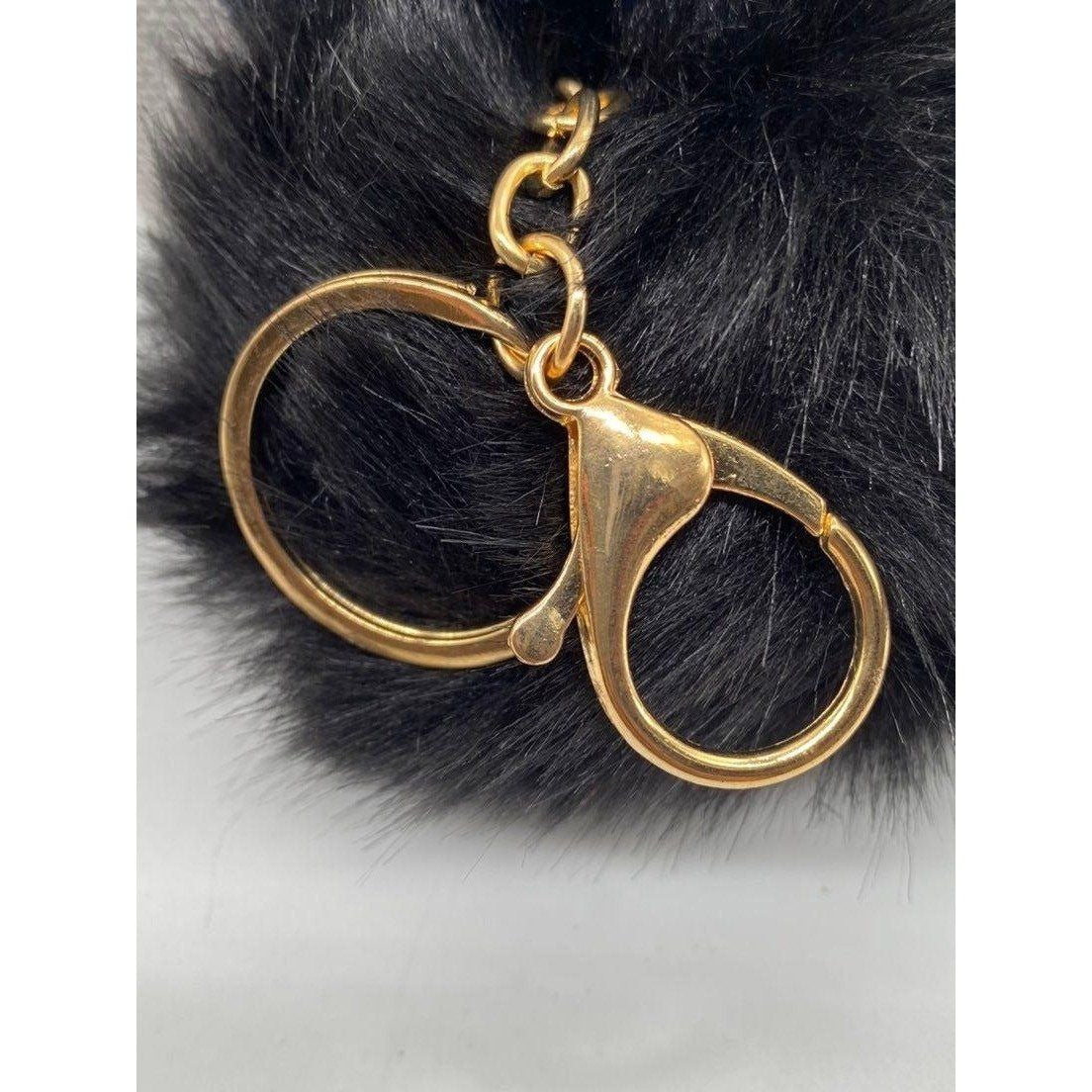 Black Bunny Ears Fur Ball Keychain Charm With Plush Key Holder