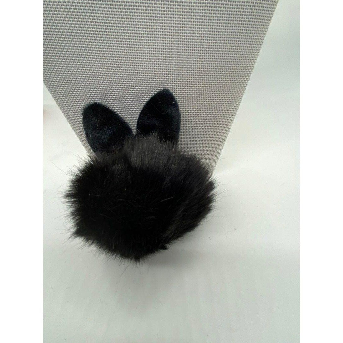Black Bunny Ears Fur Ball Keychain Charm With Plush Key Holder