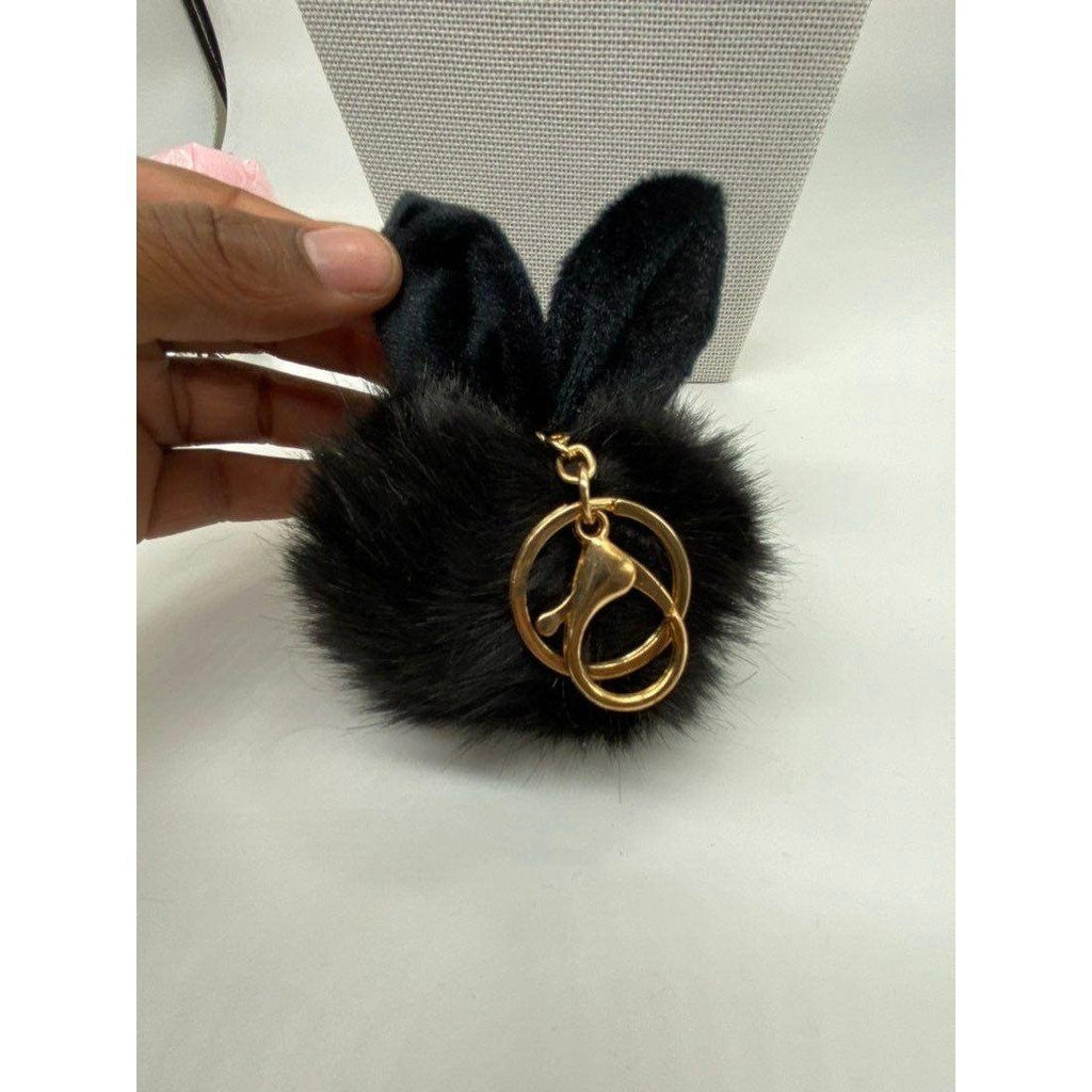 Black Bunny Ears Fur Ball Keychain Charm With Plush Key Holder