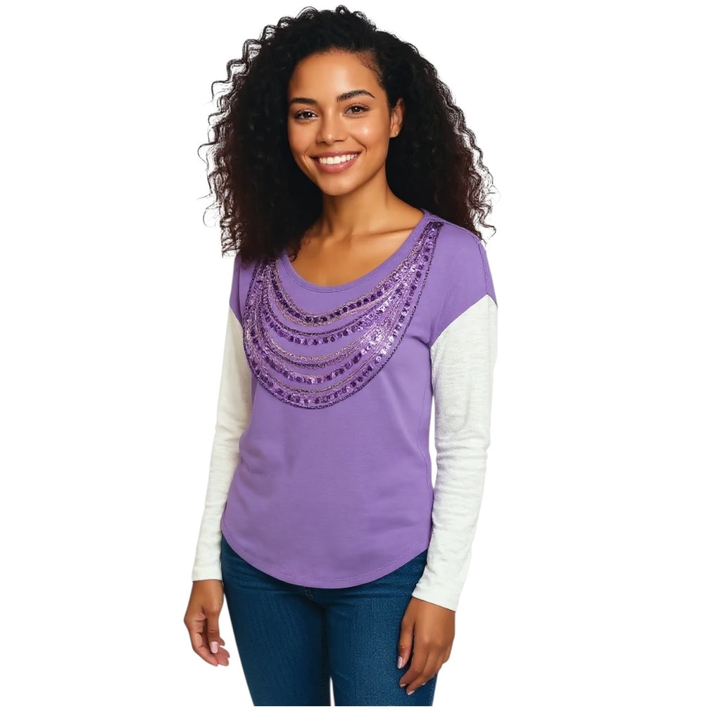 Justice Girls Long Sleeve Purple Shirt Size 18 Sequined Front White Sleeves