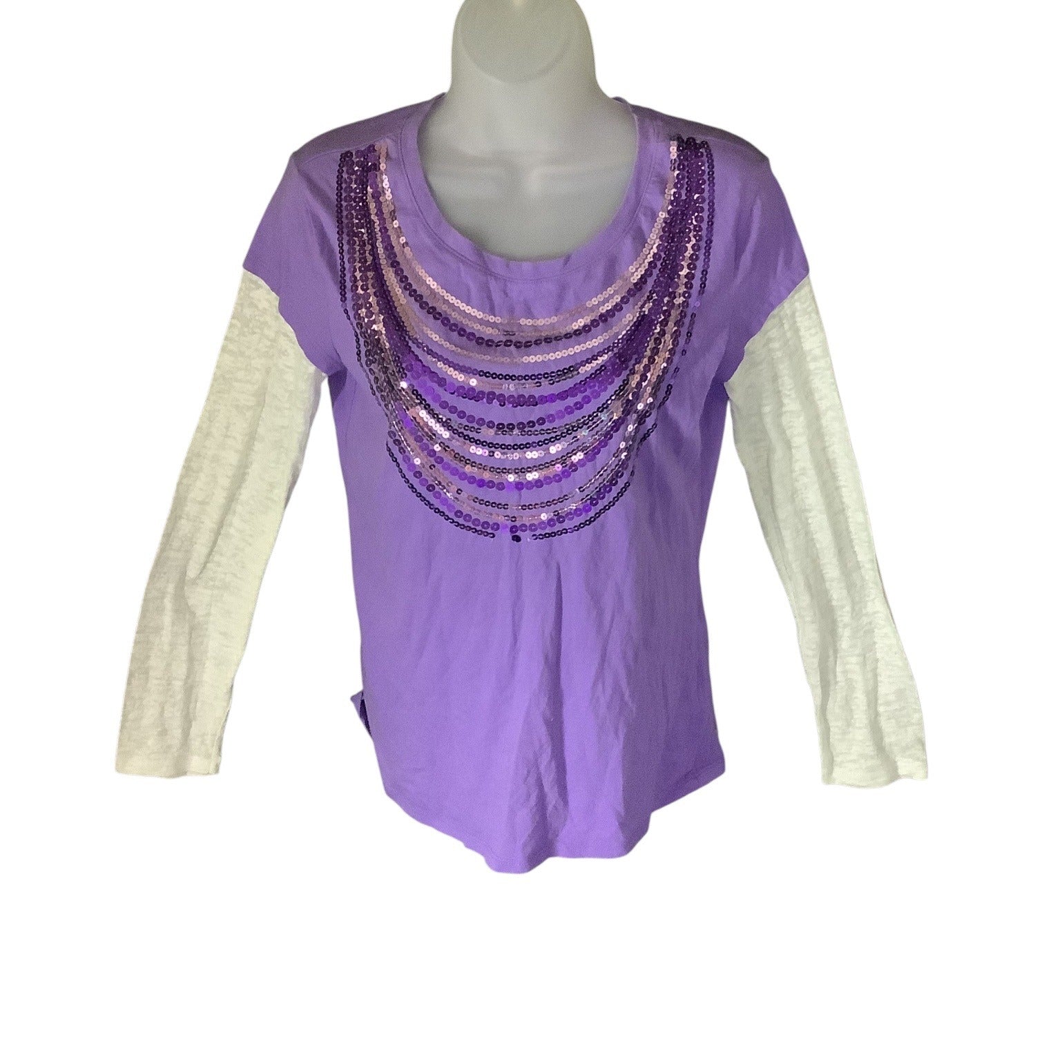Justice Girls Long Sleeve Purple Shirt Size 18 Sequined Front White Sleeves