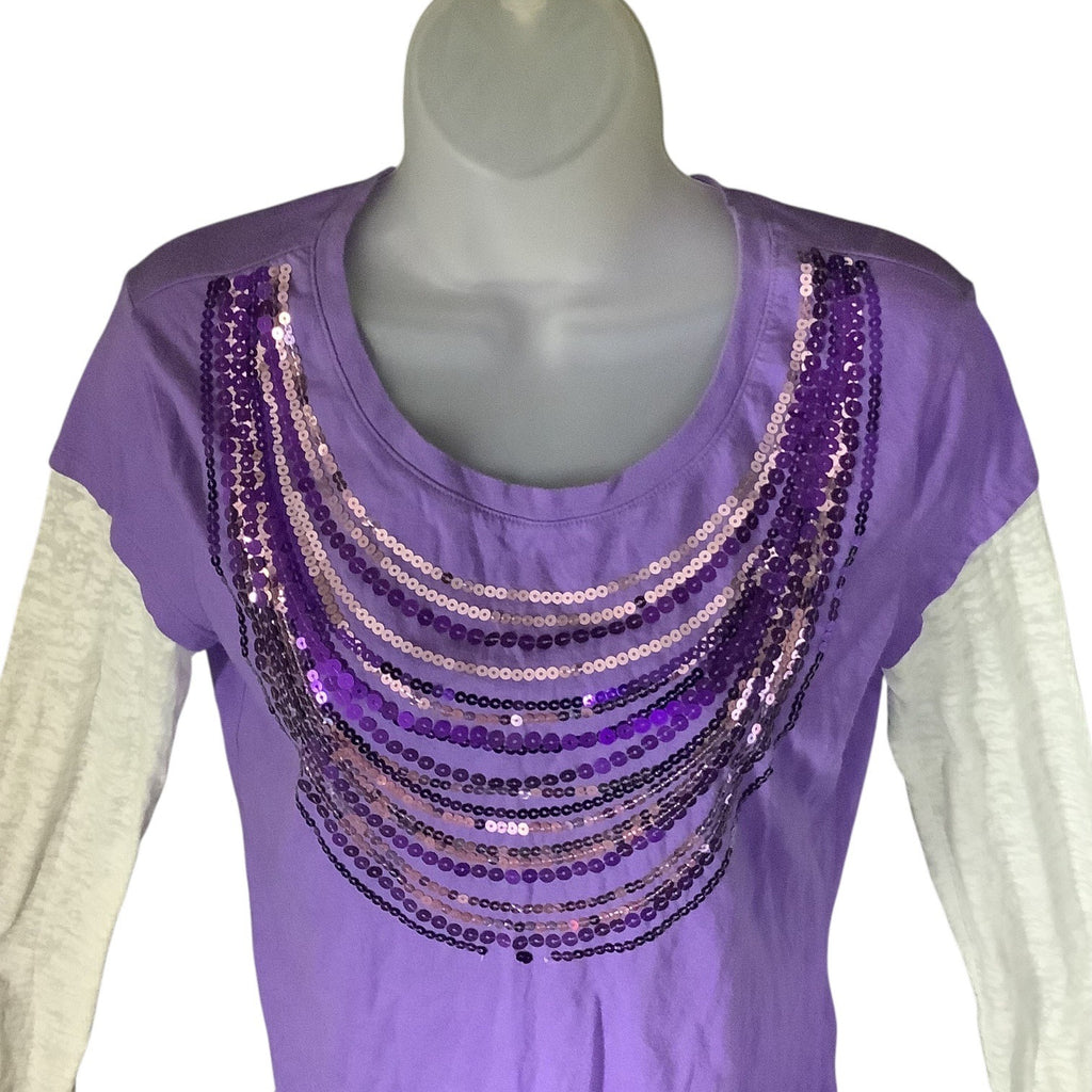 Justice Girls Long Sleeve Purple Shirt Size 18 Sequined Front White Sleeves