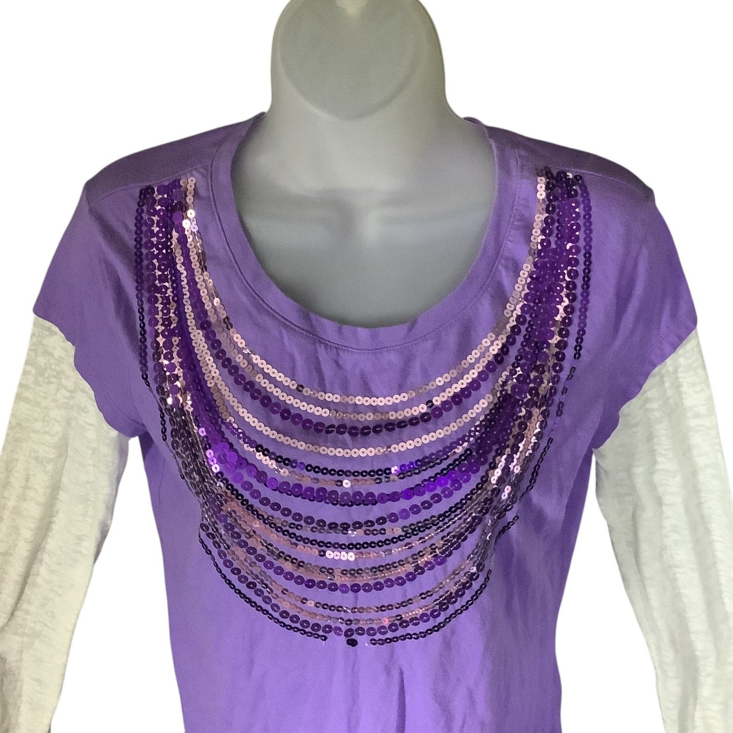 Justice Girls Long Sleeve Purple Shirt Size 18 Sequined Front White Sleeves