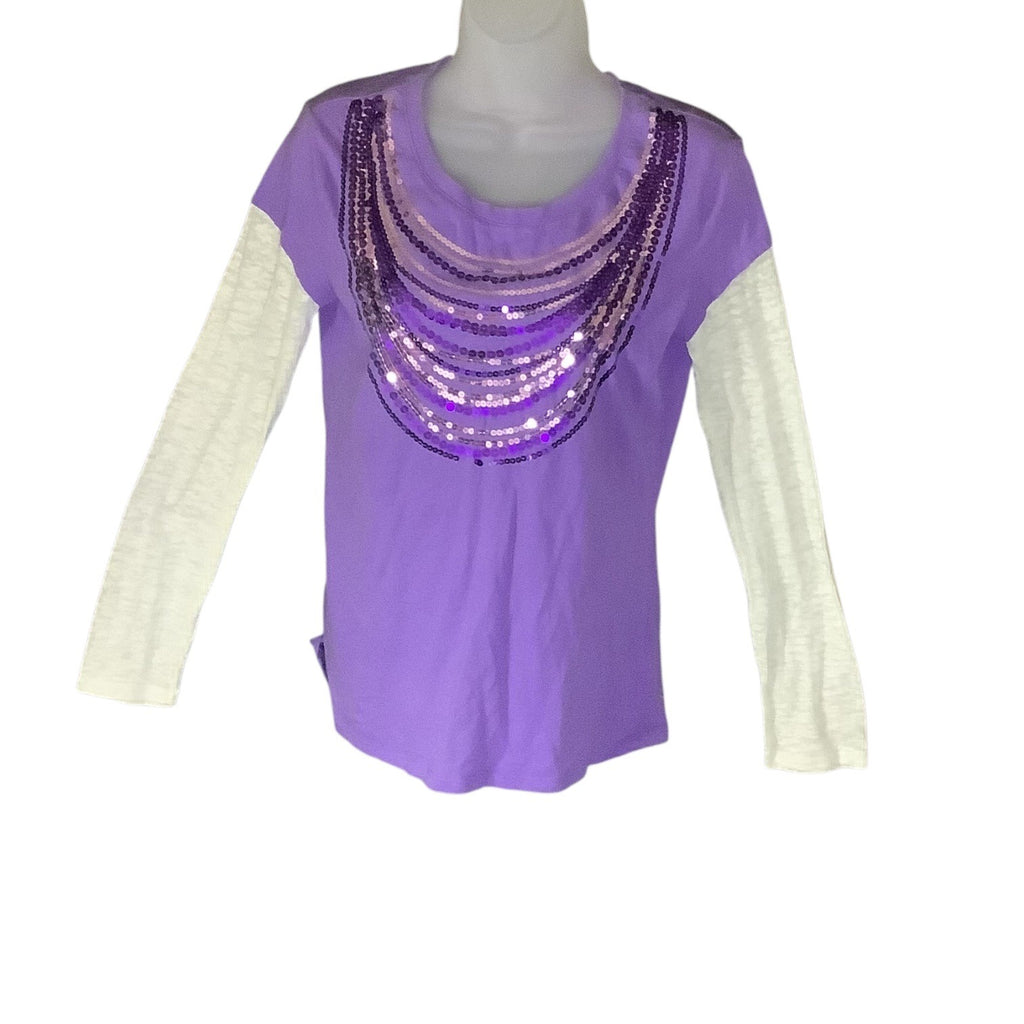 Justice Girls Long Sleeve Purple Shirt Size 18 Sequined Front White Sleeves