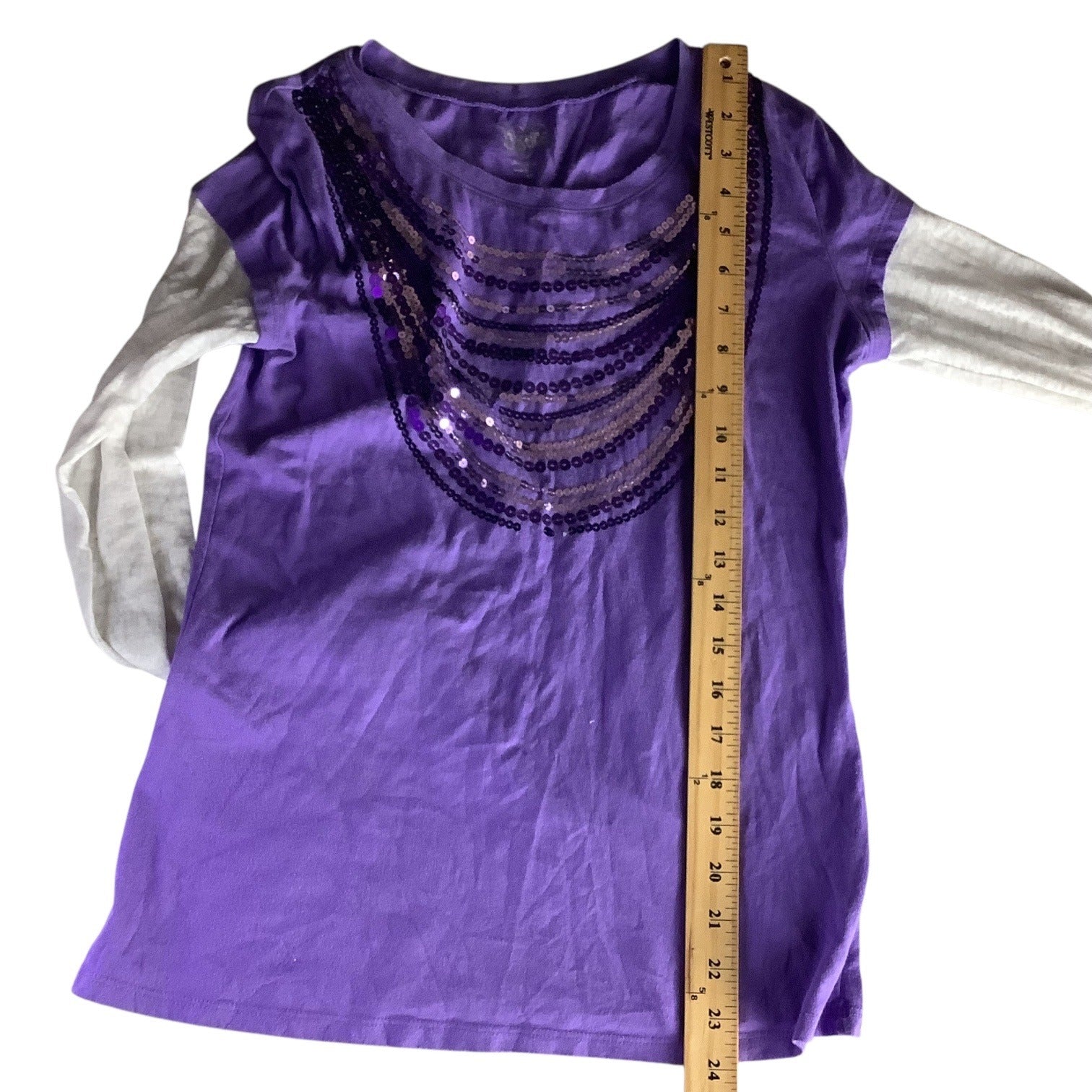 Justice Girls Long Sleeve Purple Shirt Size 18 Sequined Front White Sleeves