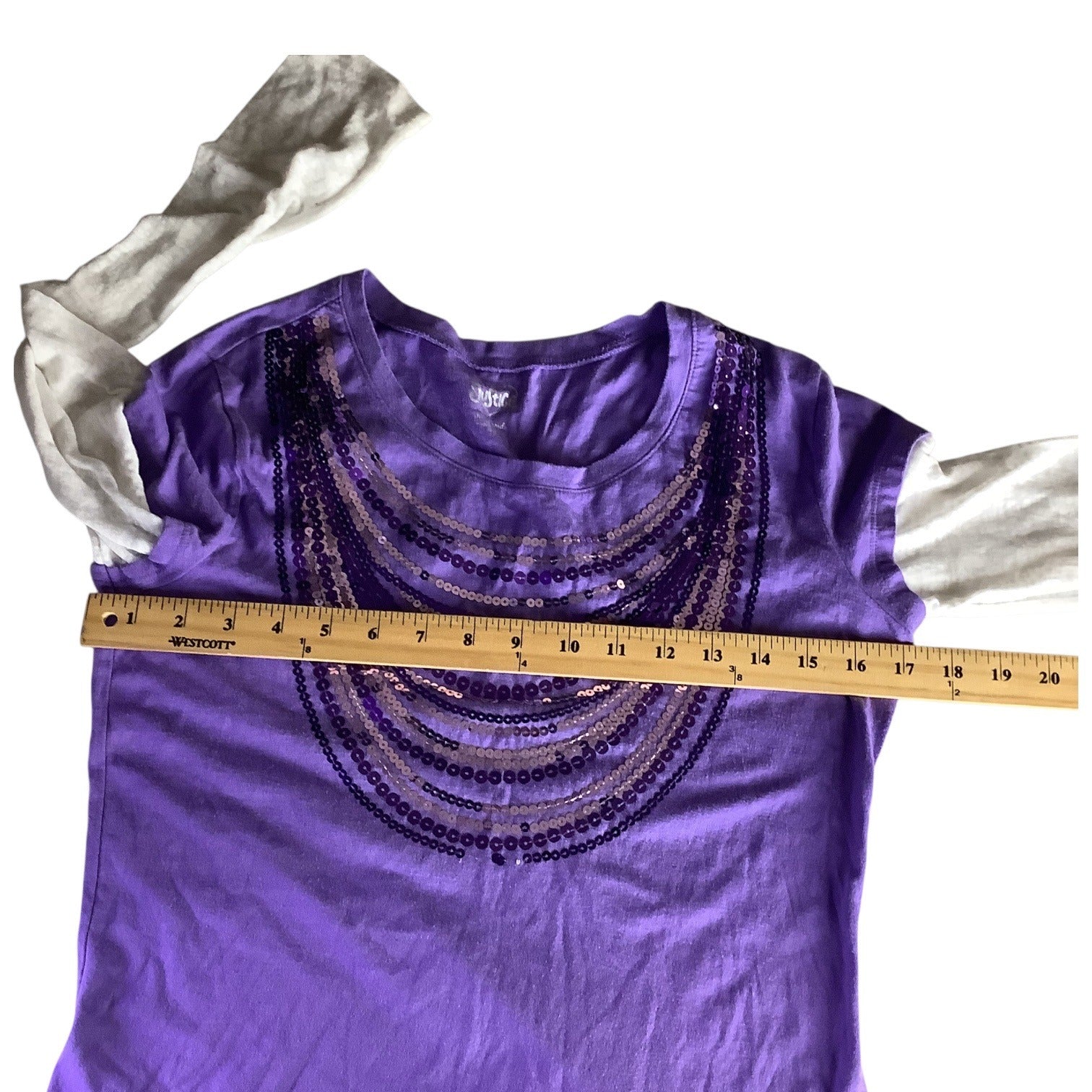 Justice Girls Long Sleeve Purple Shirt Size 18 Sequined Front White Sleeves