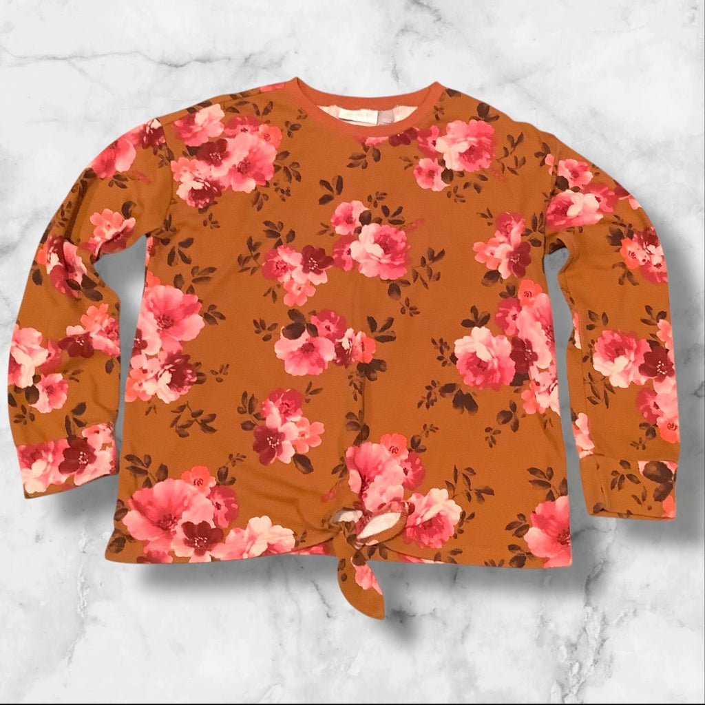 The Children’s Place Girls Floral Print Fleece Tie Front Top Brown Long Sleeves Size L 10/12