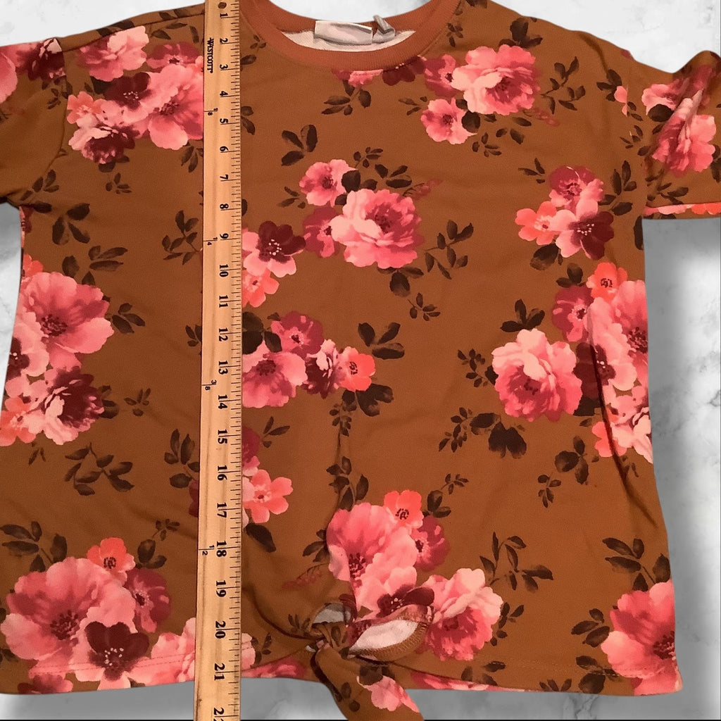 The Children’s Place Girls Floral Print Fleece Tie Front Top Brown Long Sleeves Size L 10/12