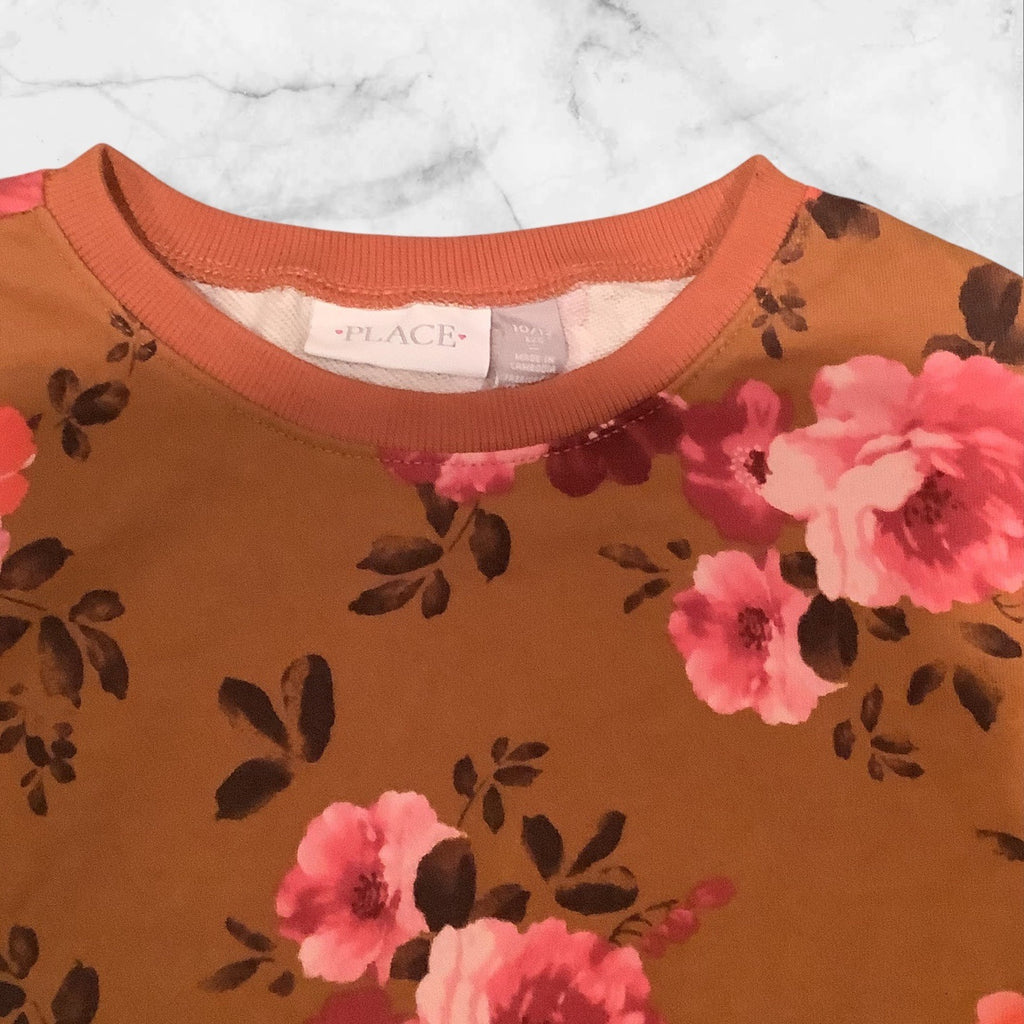 The Children’s Place Girls Floral Print Fleece Tie Front Top Brown Long Sleeves Size L 10/12
