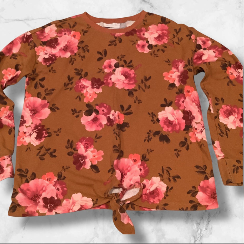 The Children’s Place Girls Floral Print Fleece Tie Front Top Brown Long Sleeves Size L 10/12