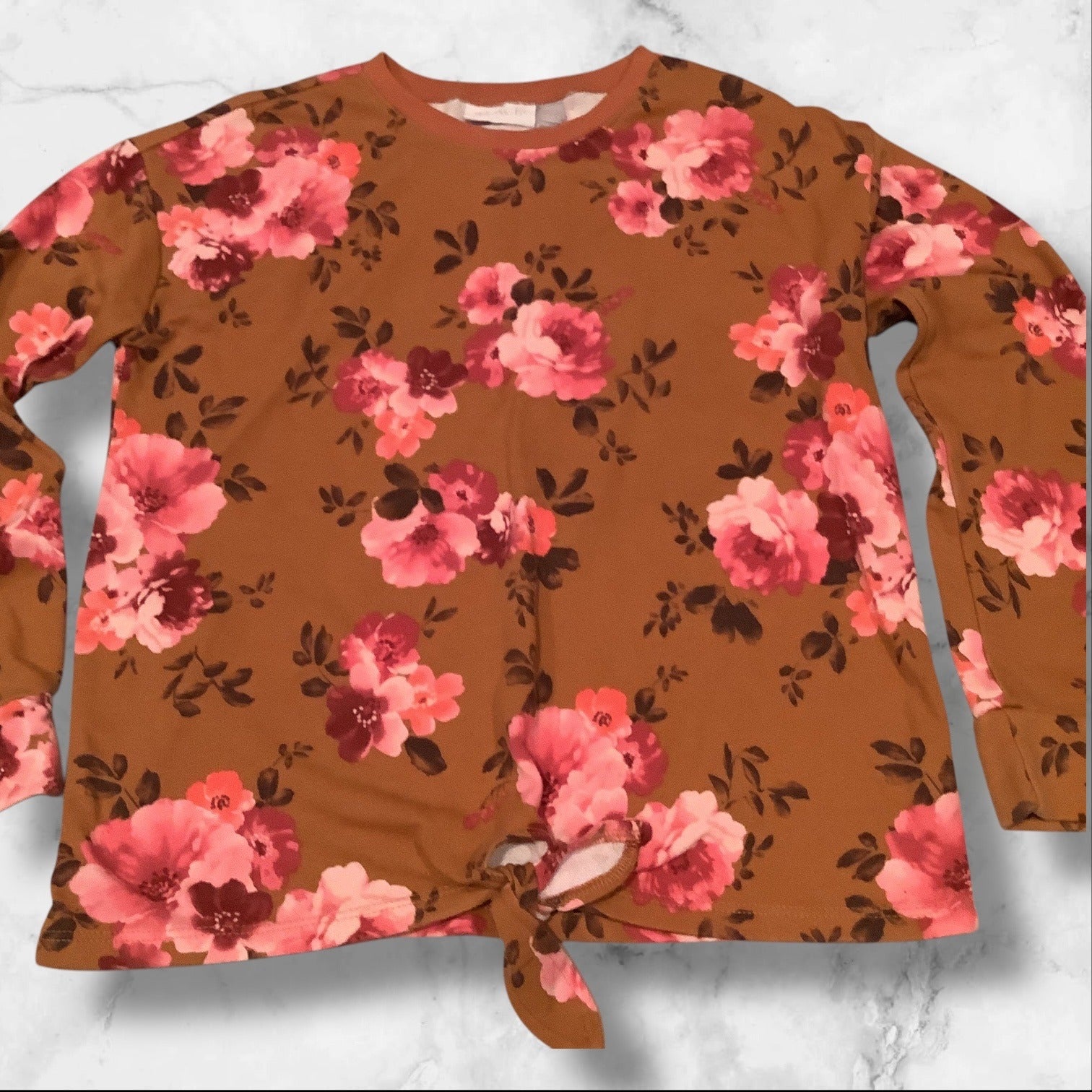 The Children’s Place Girls Floral Print Fleece Tie Front Top Brown Long Sleeves Size L 10/12