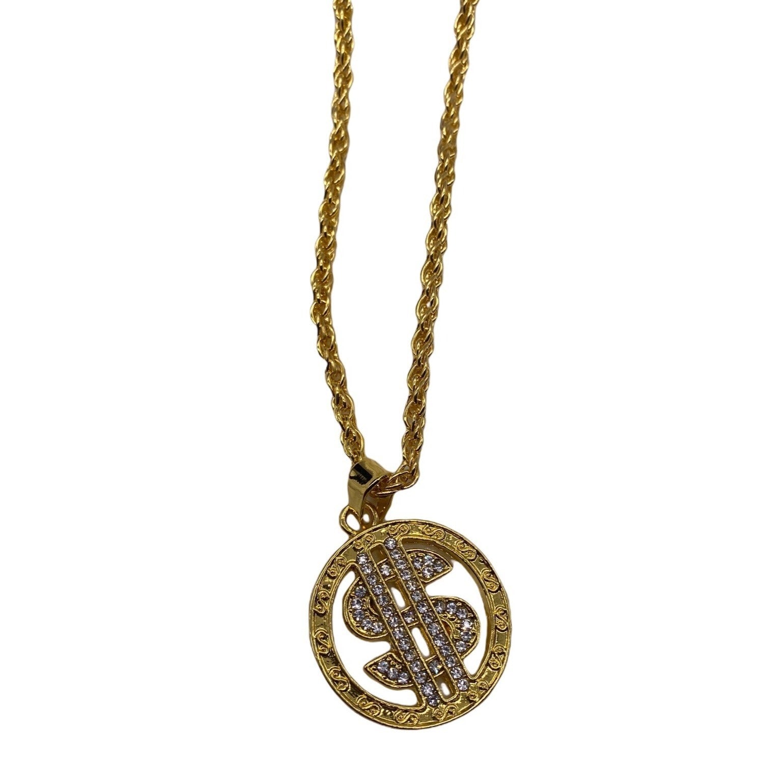 Gold Tone Mens Necklace With Dollar Coin Pendant With Rope Chain Rhinestones