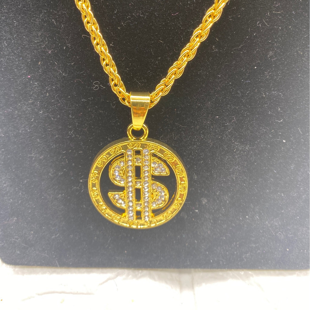 Gold Tone Mens Necklace With Dollar Coin Pendant With Rope Chain Rhinestones