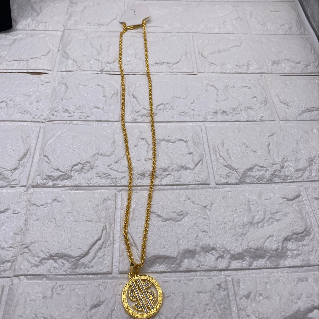 Gold Tone Mens Necklace With Dollar Coin Pendant With Rope Chain Rhinestones