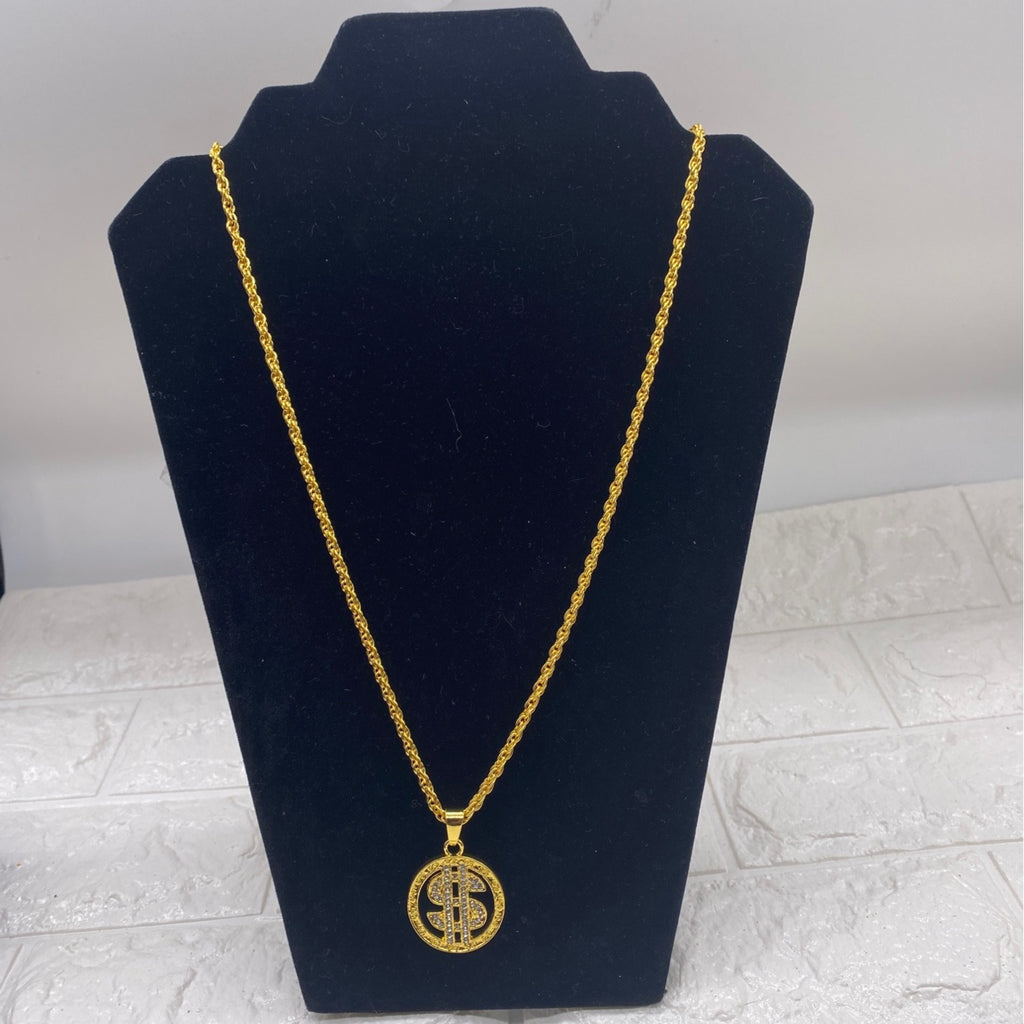 Gold Tone Mens Necklace With Dollar Coin Pendant With Rope Chain Rhinestones