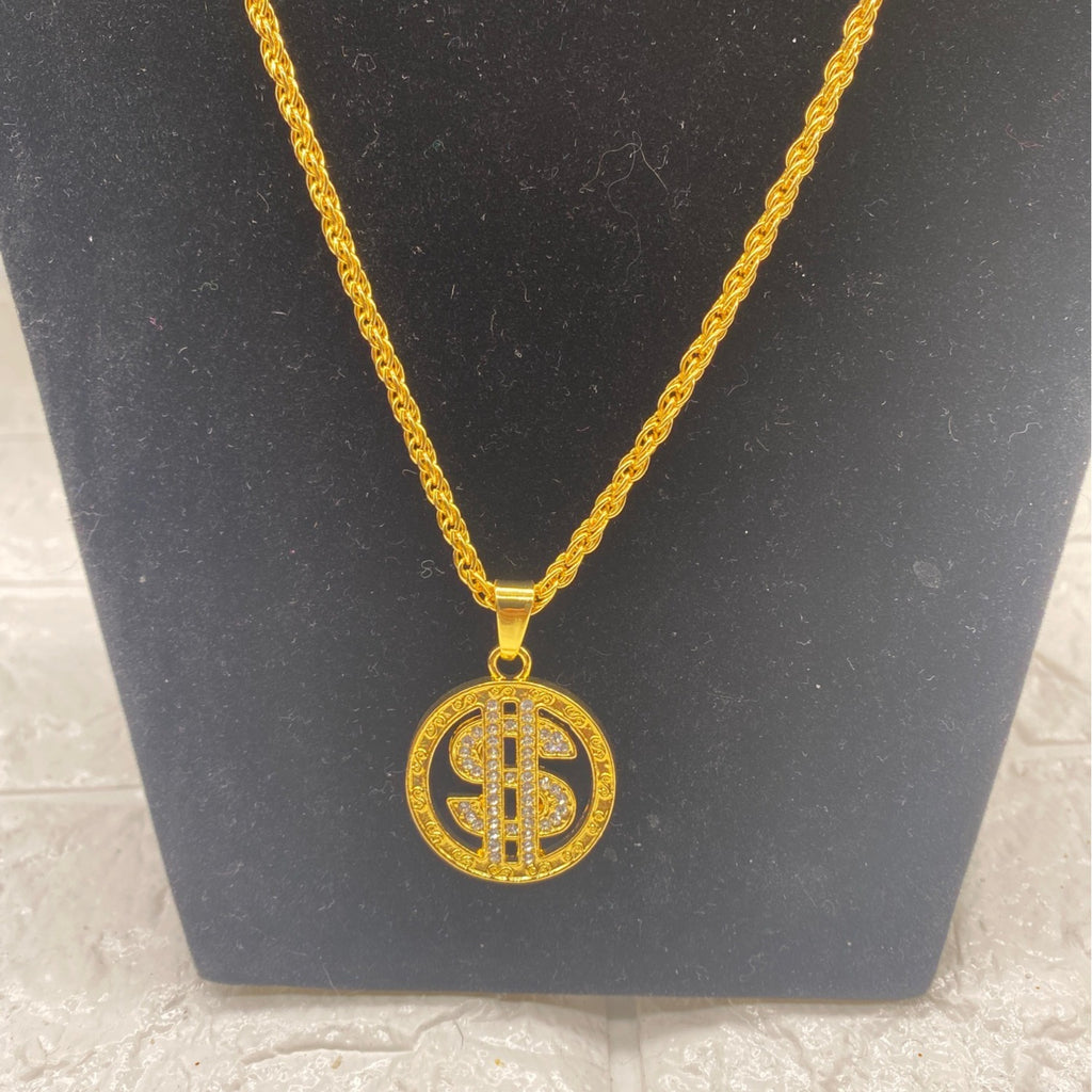 Gold Tone Mens Necklace With Dollar Coin Pendant With Rope Chain Rhinestones