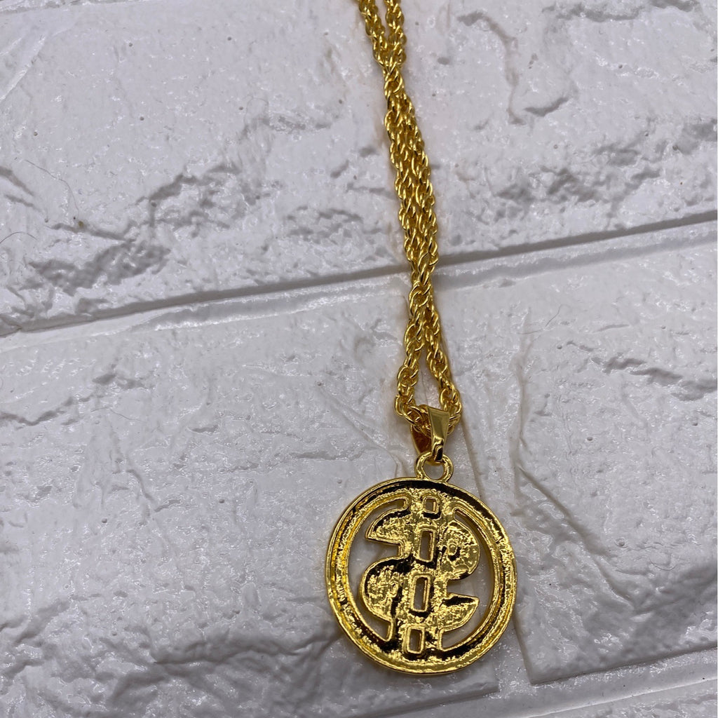 Gold Tone Mens Necklace With Dollar Coin Pendant With Rope Chain Rhinestones