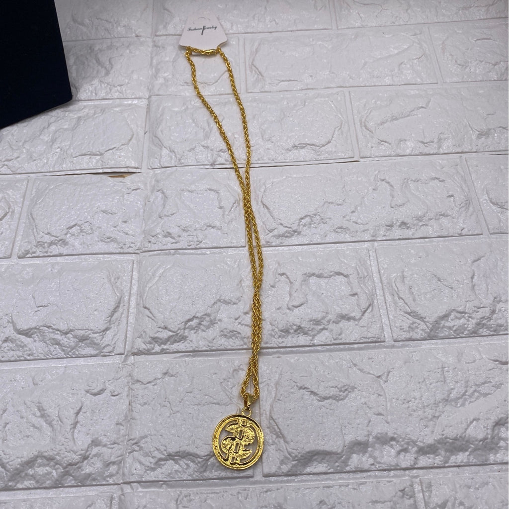 Gold Tone Mens Necklace With Dollar Coin Pendant With Rope Chain Rhinestones