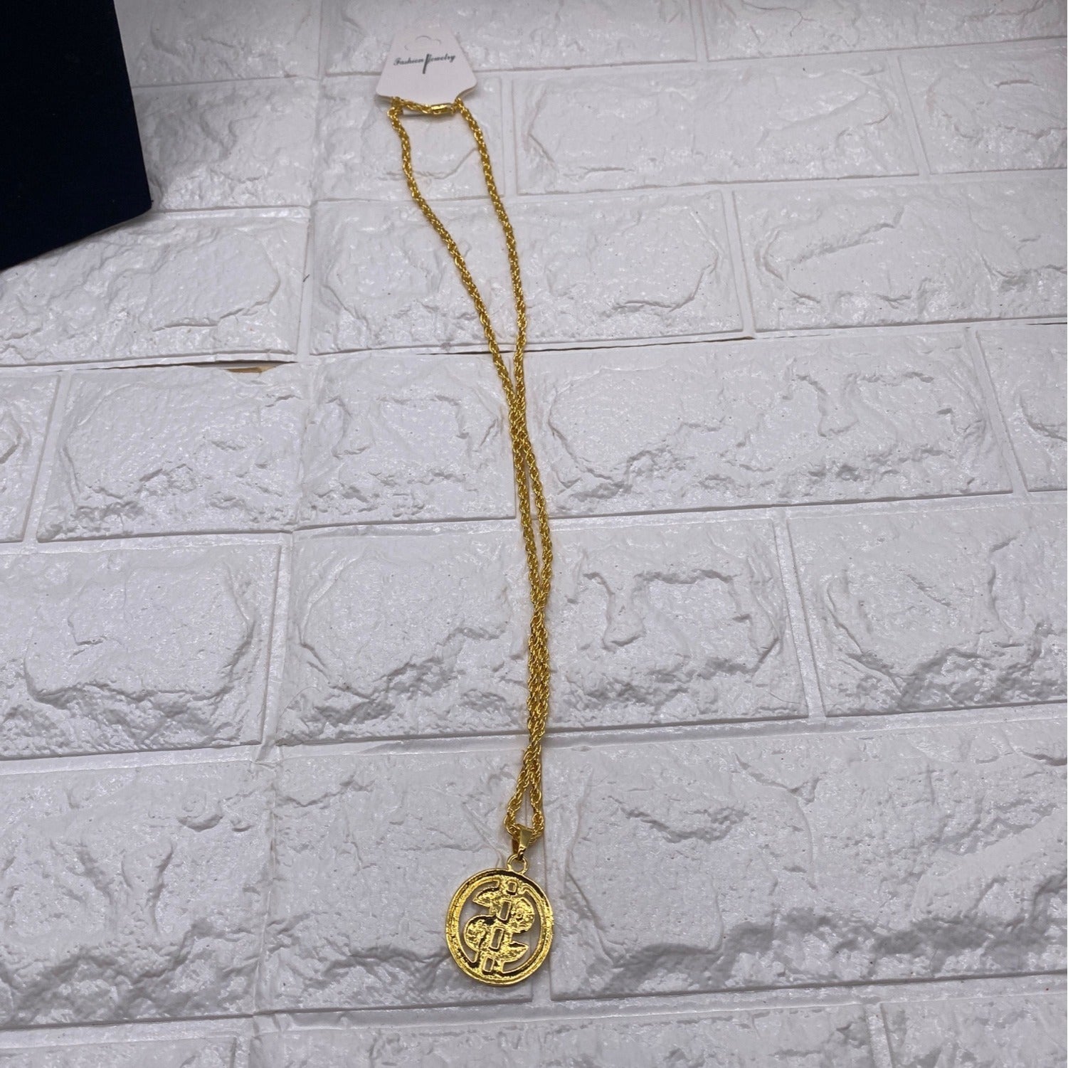 Gold Tone Mens Necklace With Dollar Coin Pendant With Rope Chain Rhinestones