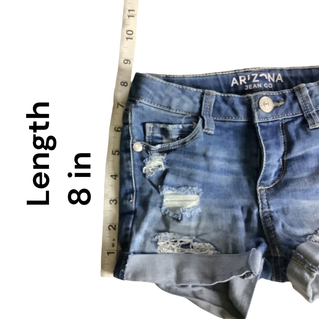 Arizona Jean Co Girls Blue Denim Shortie Shorts Ripped Adjustable Waist Size 6