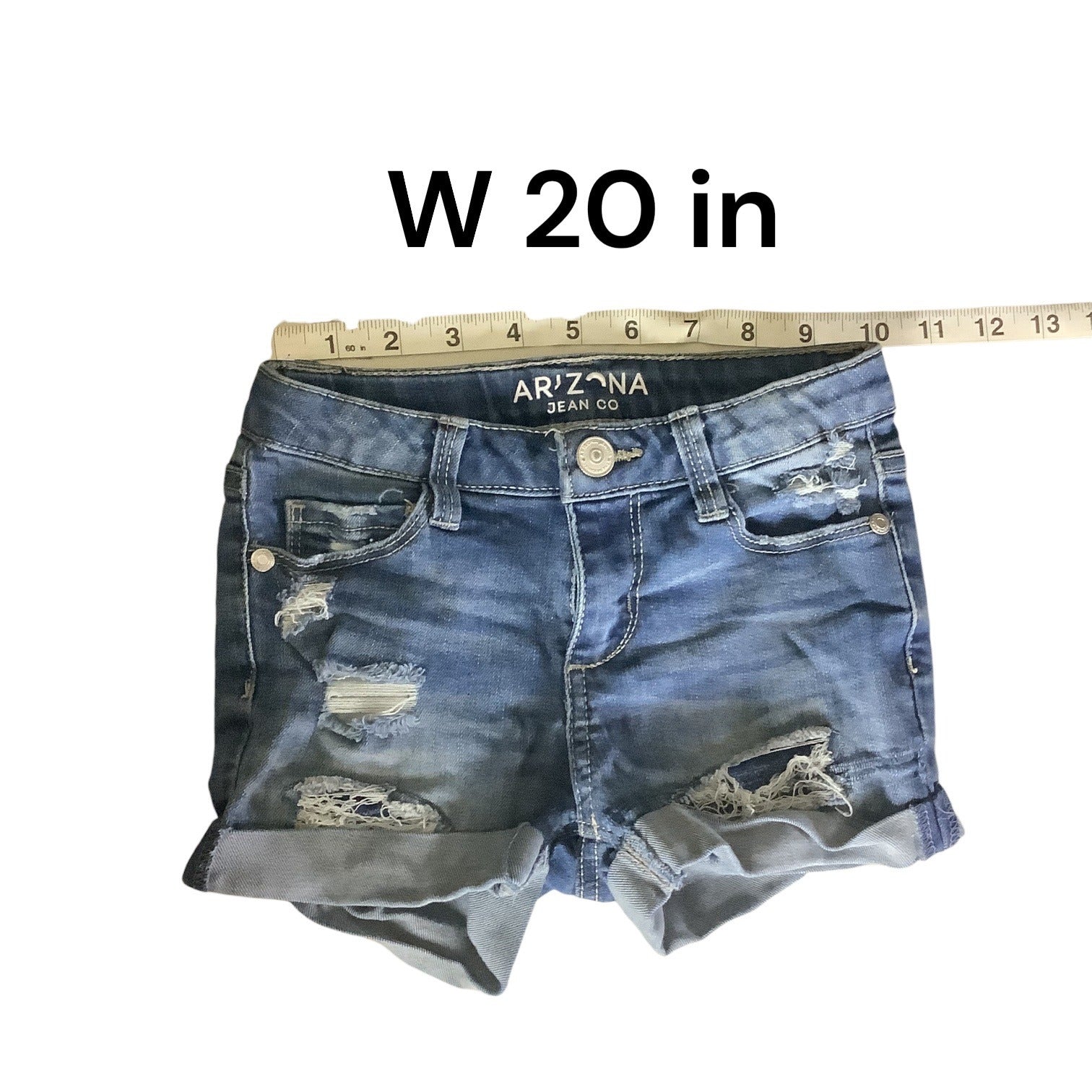 Arizona Jean Co Girls Blue Denim Shortie Shorts Ripped Adjustable Waist Size 6