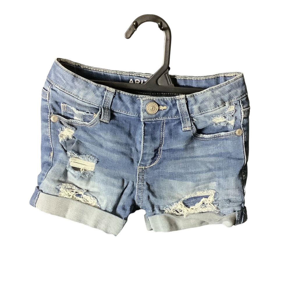 Arizona Jean Co Girls Blue Denim Shortie Shorts Ripped Adjustable Waist Size 6