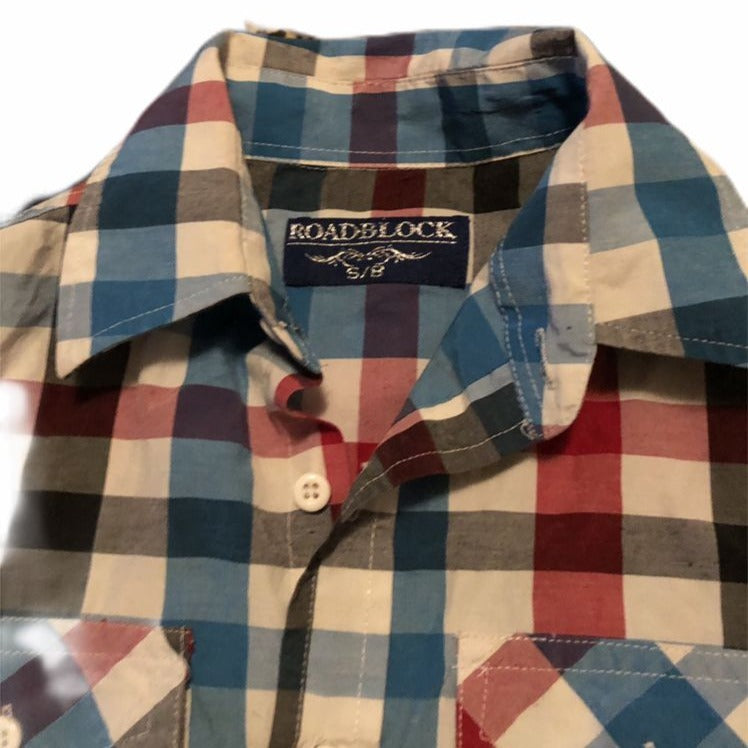 Roadblock Boys Button Down Plaid Shirt Size S/8  Short Sleeve Multicolor Pockets