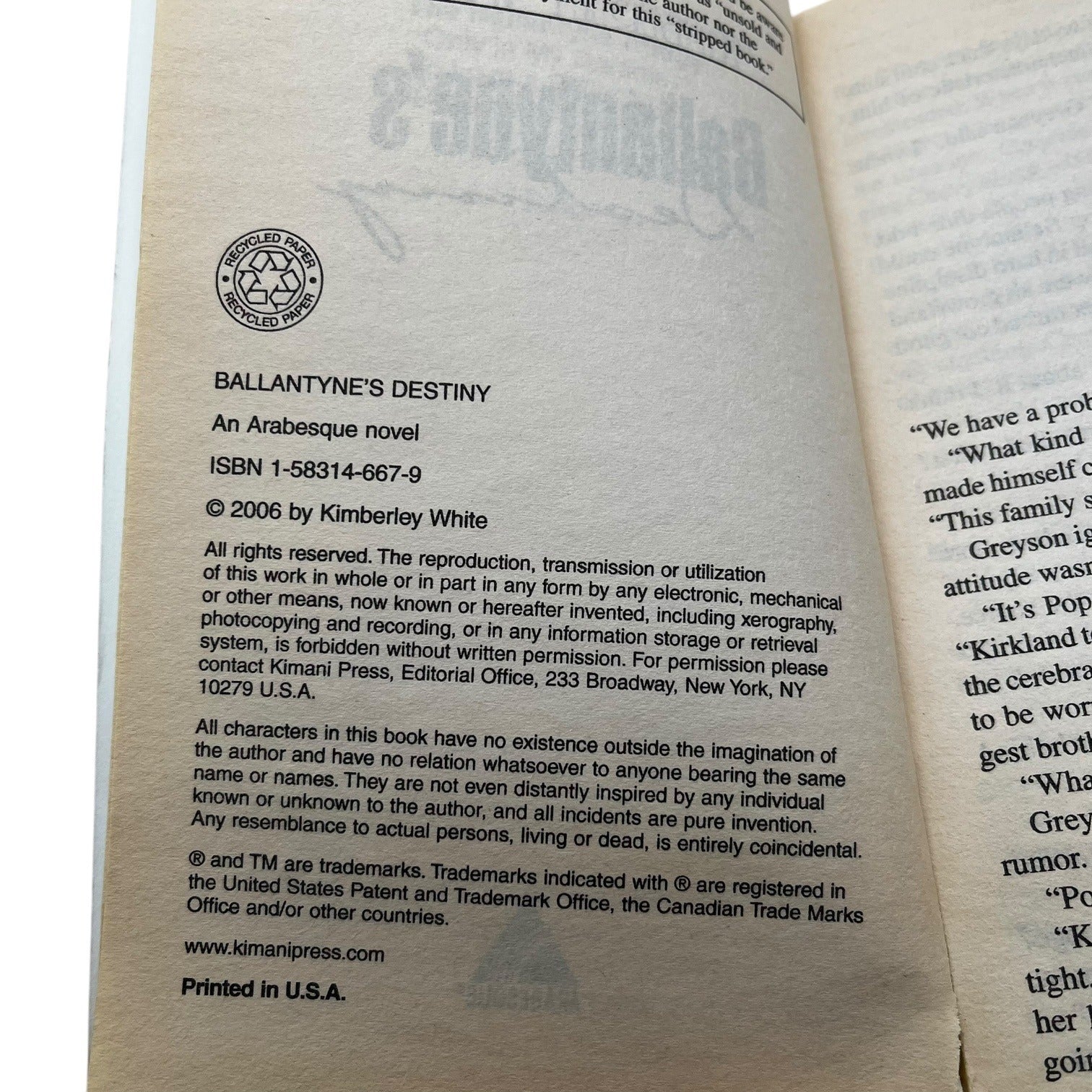 Ballantyne’s Destiny By Kimberley White 2006 Paperback Romance Novel