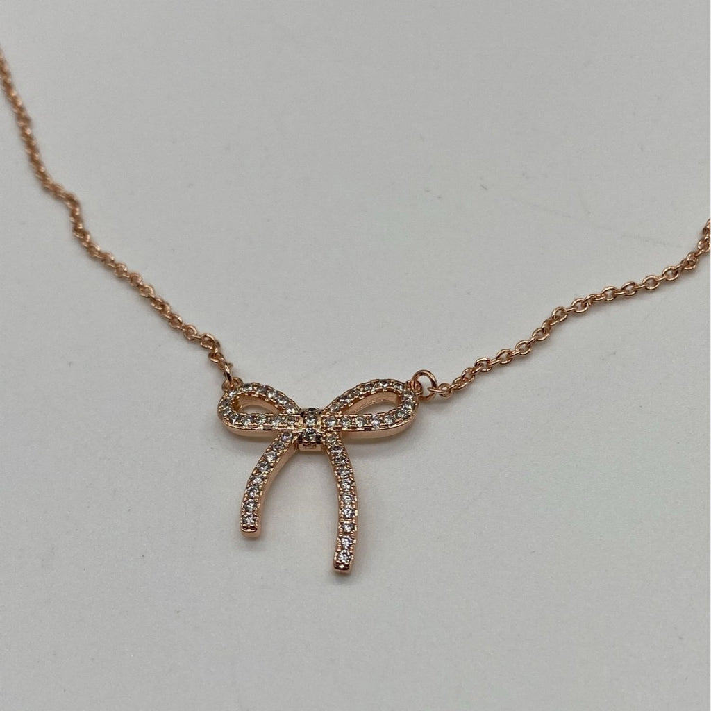 Ruella Bedazzled Ribbon Charm Necklace Womens Rose Gold Elegant Chain 21-50cm