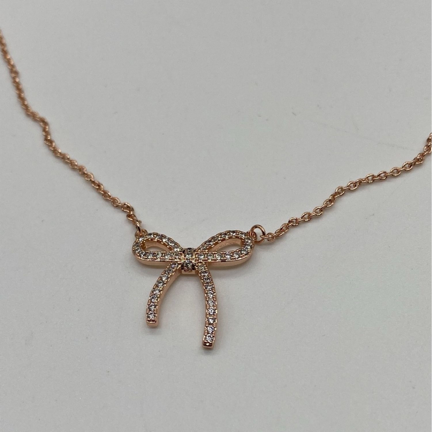 Ruella Bedazzled Ribbon Charm Necklace Womens Rose Gold Elegant Chain 21-50cm