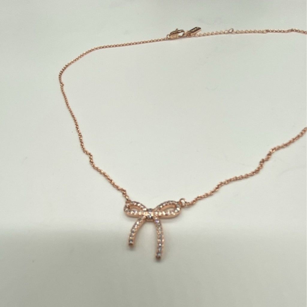 Ruella Bedazzled Ribbon Charm Necklace Womens Rose Gold Elegant Chain 21-50cm