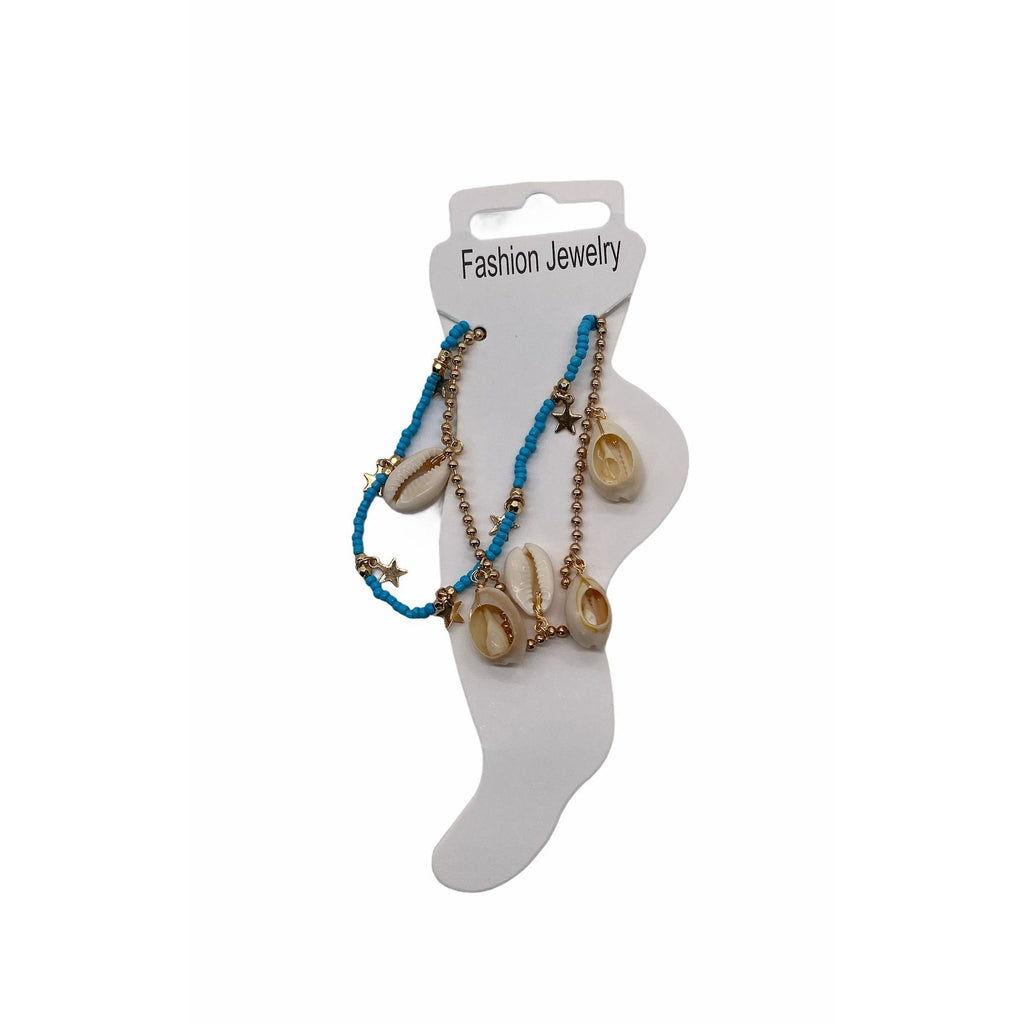 Sea Shell Anklets With Star Charms Blue Beads & Gold Chain Adjustable Womens Fashion Jewelry