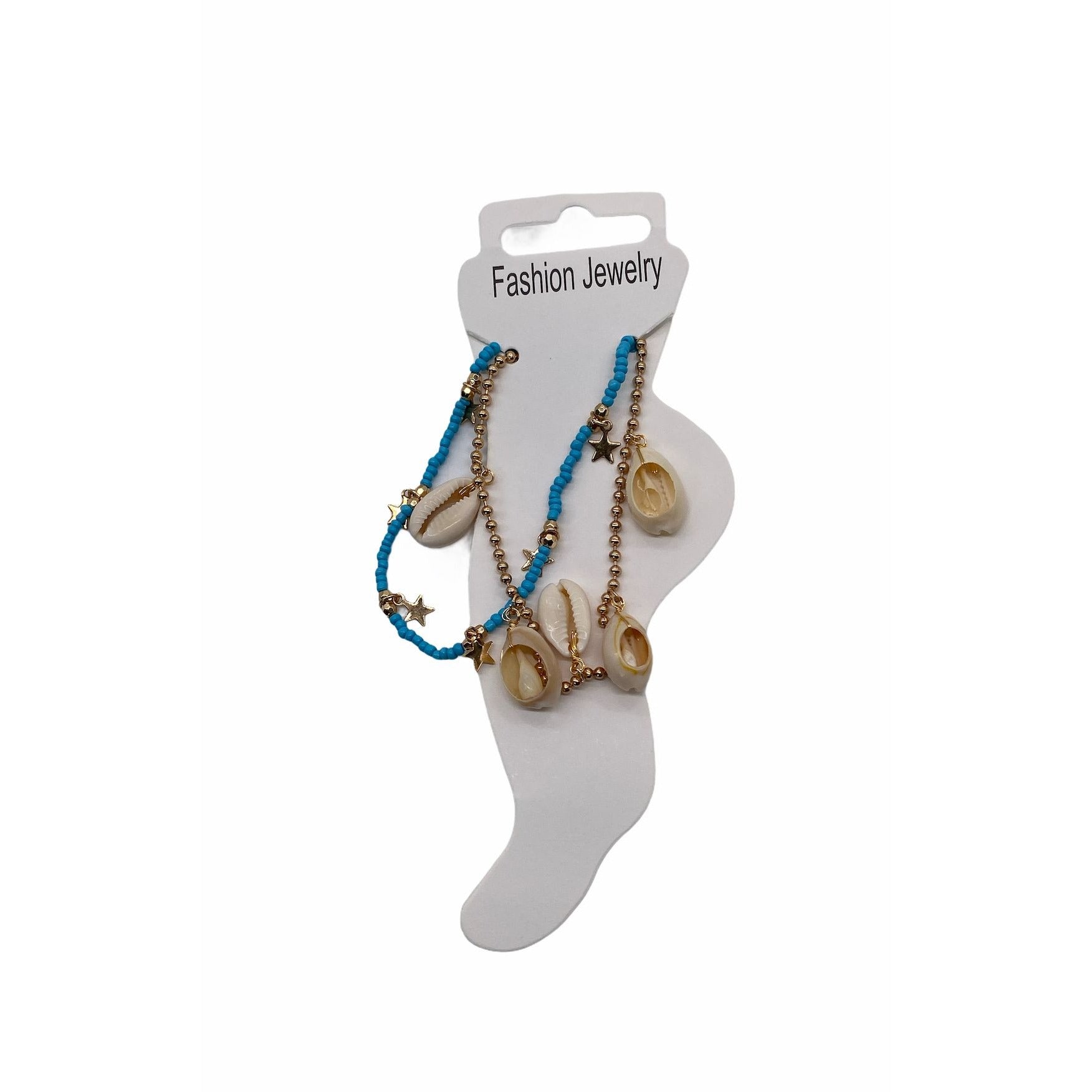 Sea Shell Anklets With Star Charms Blue Beads & Gold Chain Adjustable Womens Fashion Jewelry