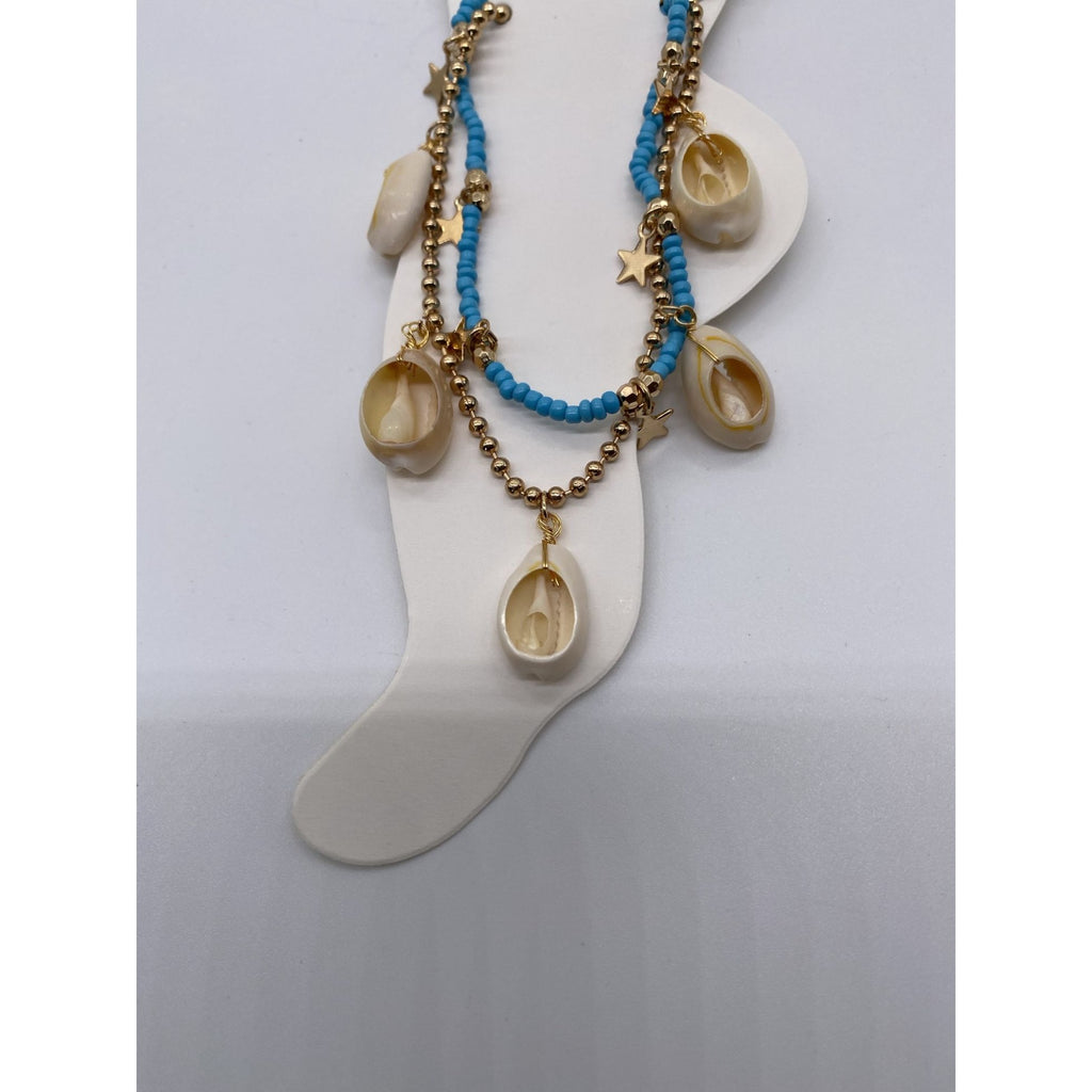 Sea Shell Anklets With Star Charms Blue Beads & Gold Chain Adjustable Womens Fashion Jewelry
