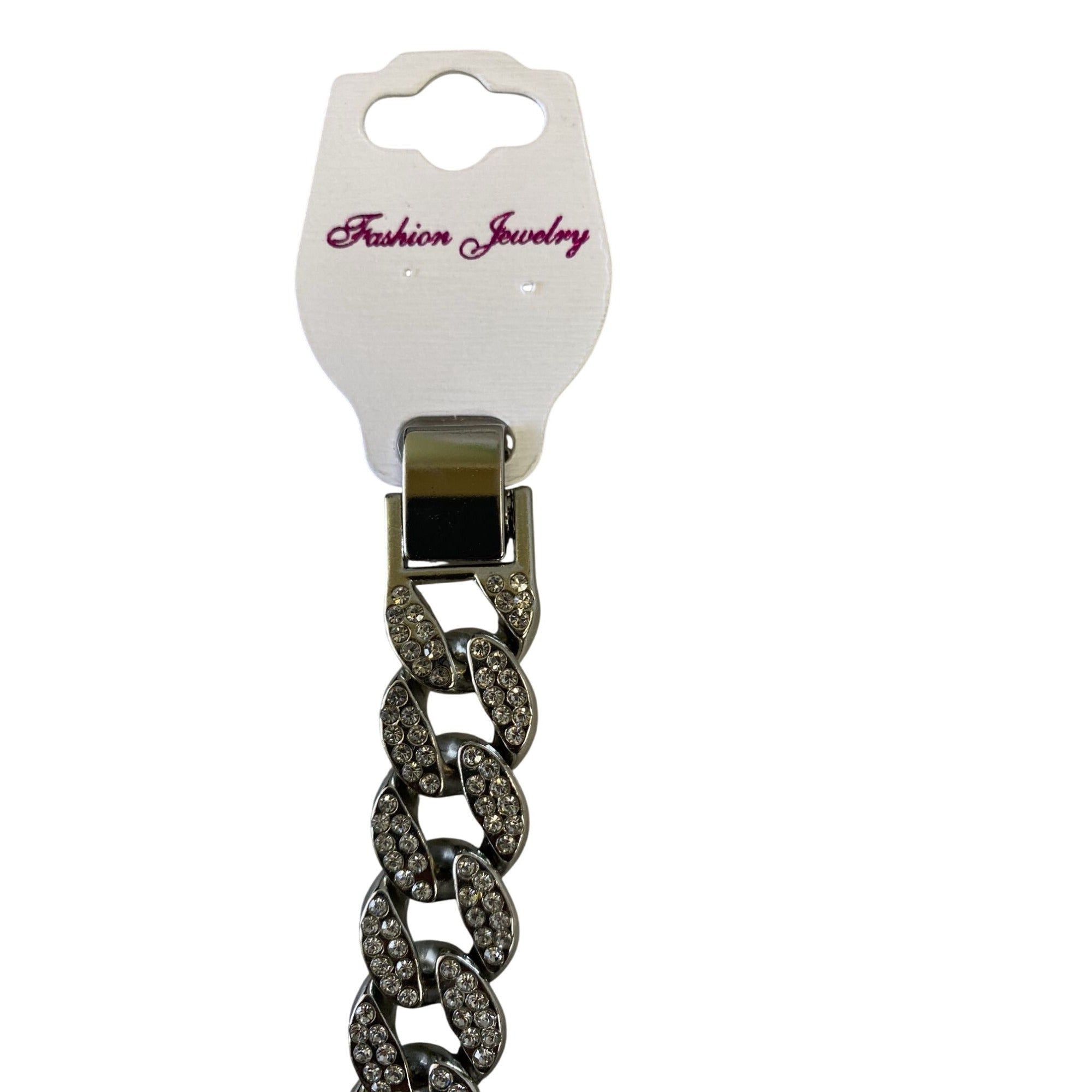 Inlaid Crystals Thick Cuban Chain Bracelet 7in Silver Tone Alloy & Rhinestones