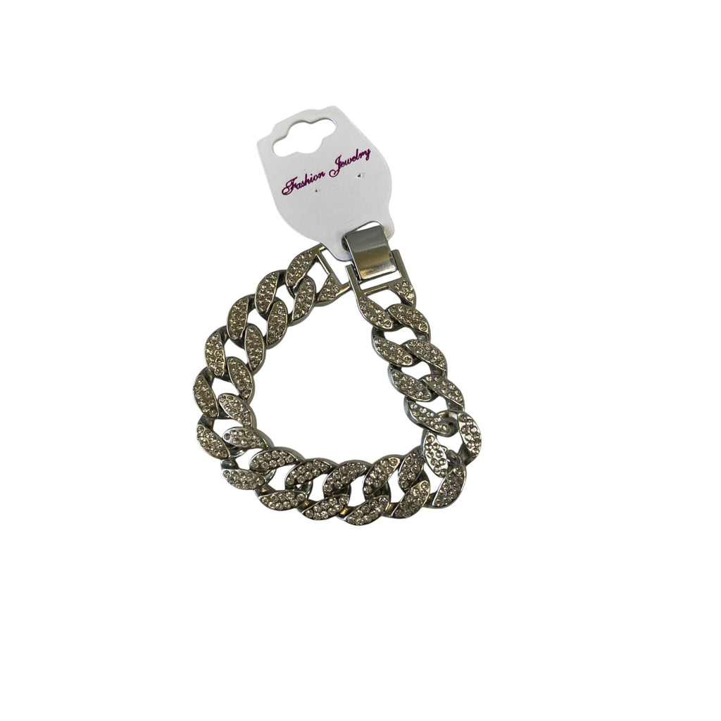 Inlaid Crystals Thick Cuban Chain Bracelet 7in Silver Tone Alloy & Rhinestones