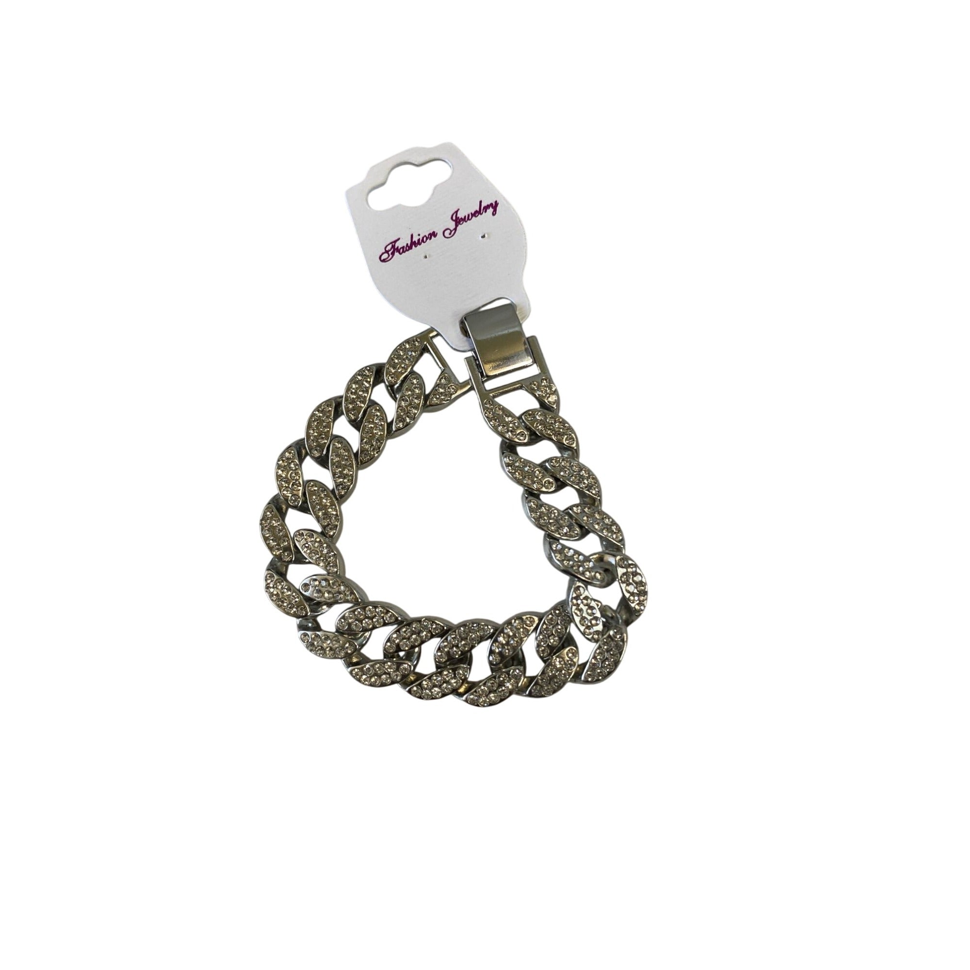 Inlaid Crystals Thick Cuban Chain Bracelet 7in Silver Tone Alloy & Rhinestones