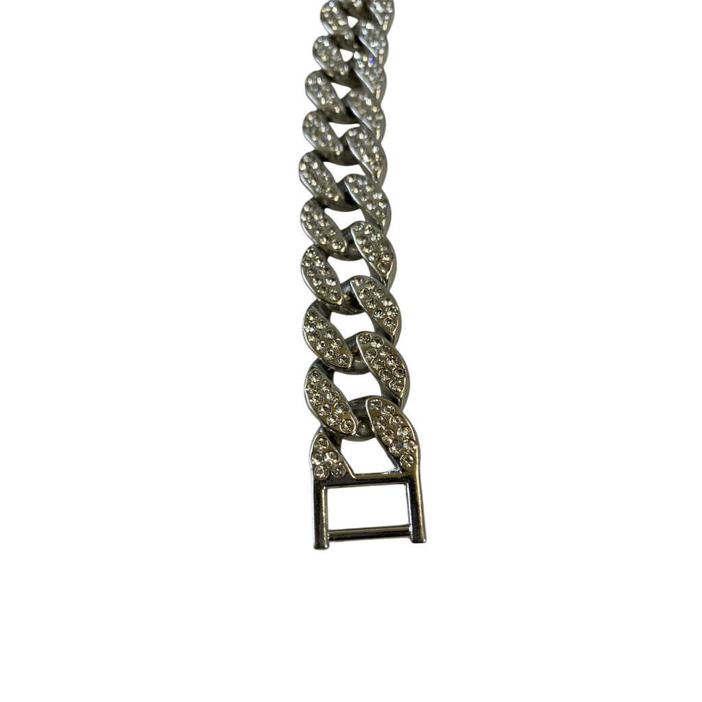 Inlaid Crystals Thick Cuban Chain Bracelet 7in Silver Tone Alloy & Rhinestones