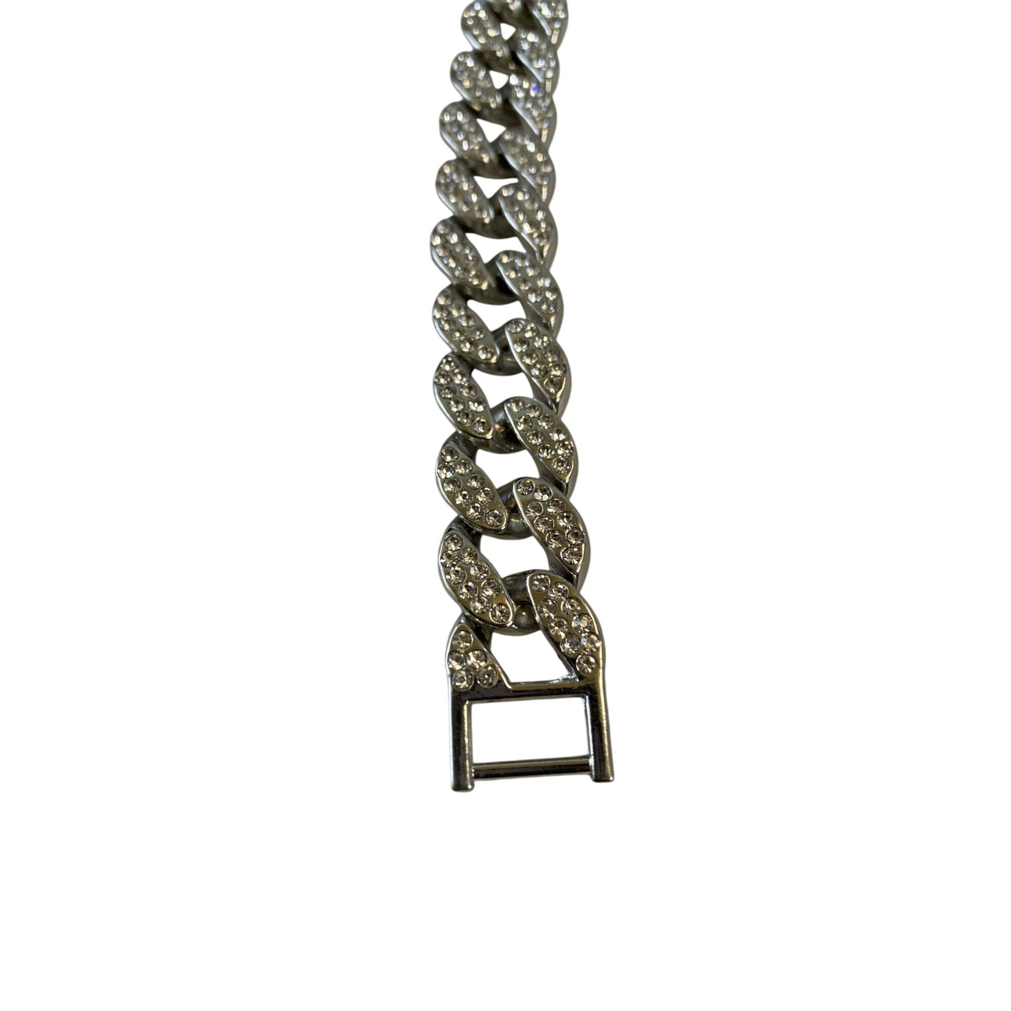 Inlaid Crystals Thick Cuban Chain Bracelet 7in Silver Tone Alloy & Rhinestones