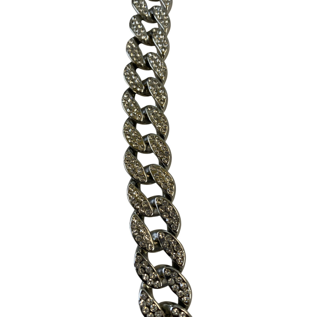 Inlaid Crystals Thick Cuban Chain Bracelet 7in Silver Tone Alloy & Rhinestones