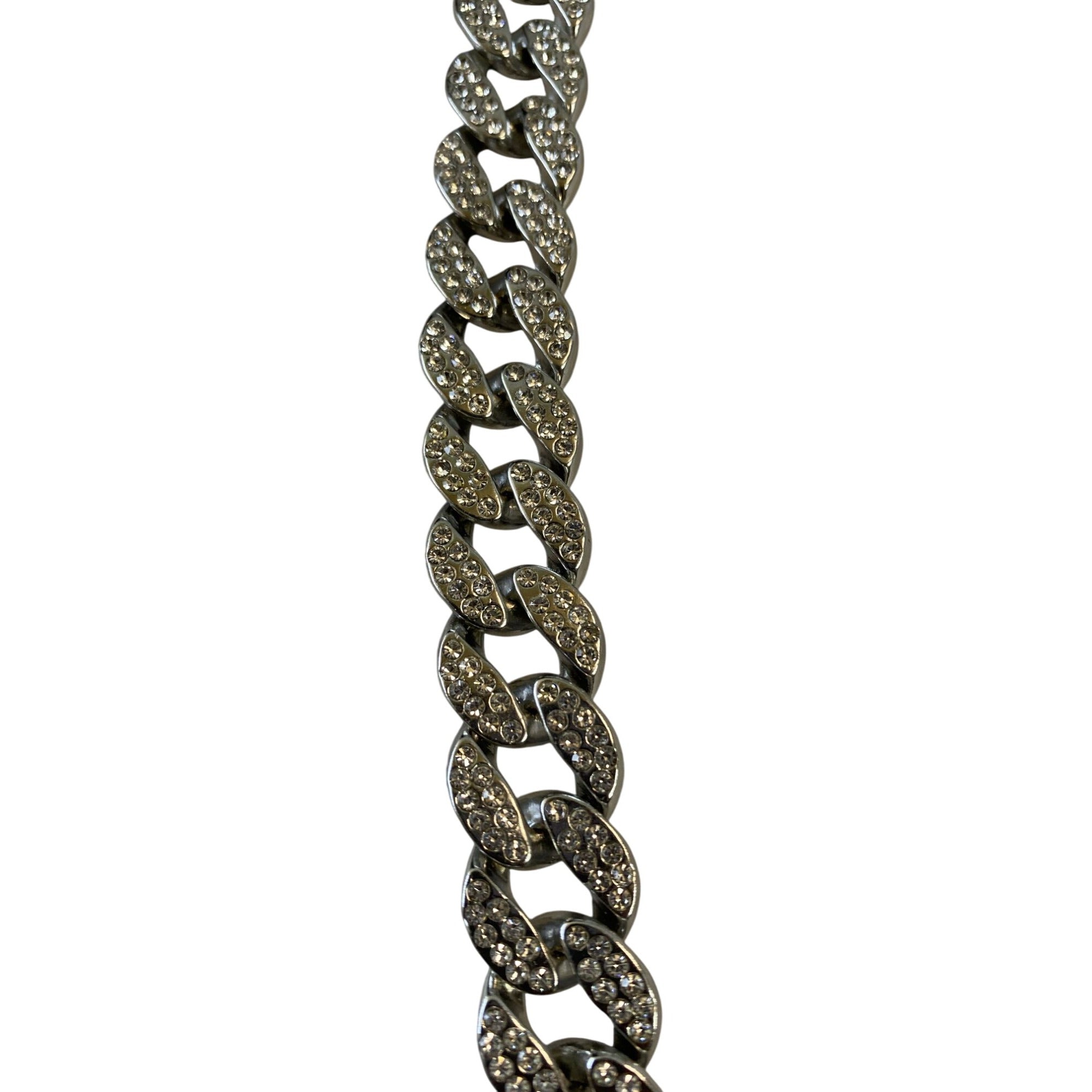 Inlaid Crystals Thick Cuban Chain Bracelet 7in Silver Tone Alloy & Rhinestones