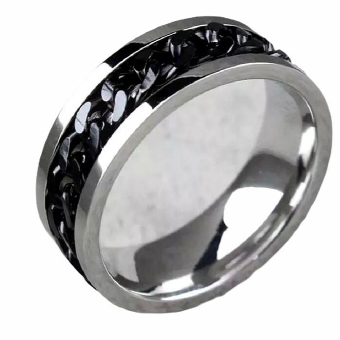 Stainless Steel Chain Black Spinner Ring Silver Tone Sizes 8-11 Wedding Band